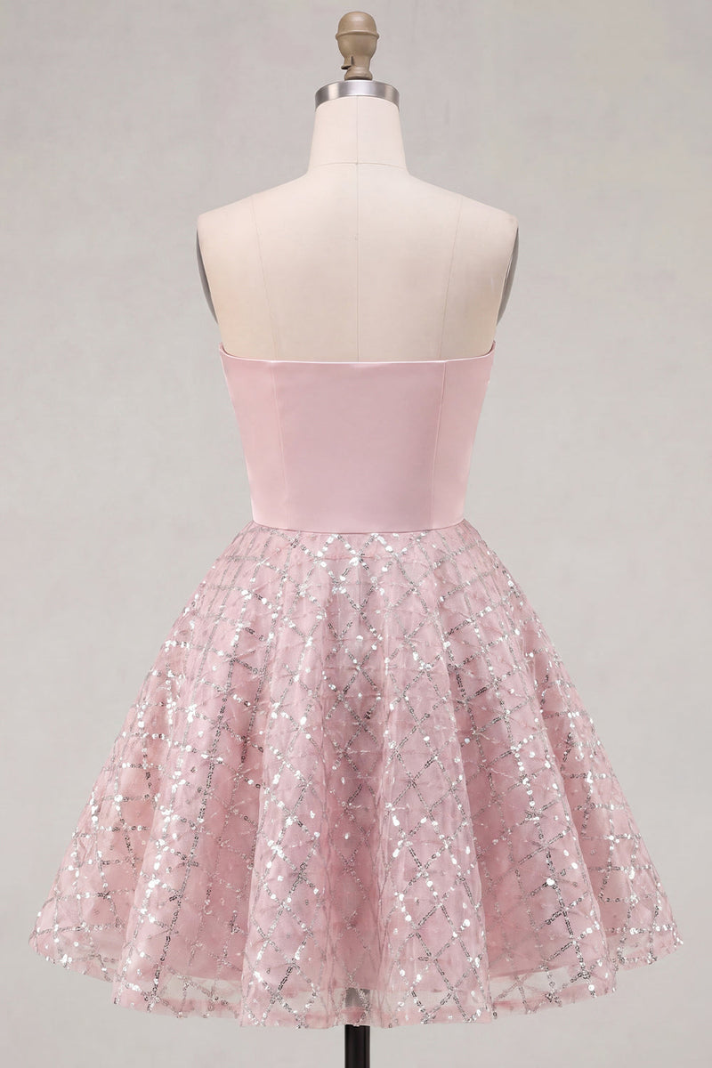 Load image into Gallery viewer, Ruched Strapless Sparkly Short A Line Blush Beaded Prom Dress