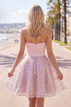 Ruched Strapless Sparkly Short A Line Blush Beaded Prom Dress