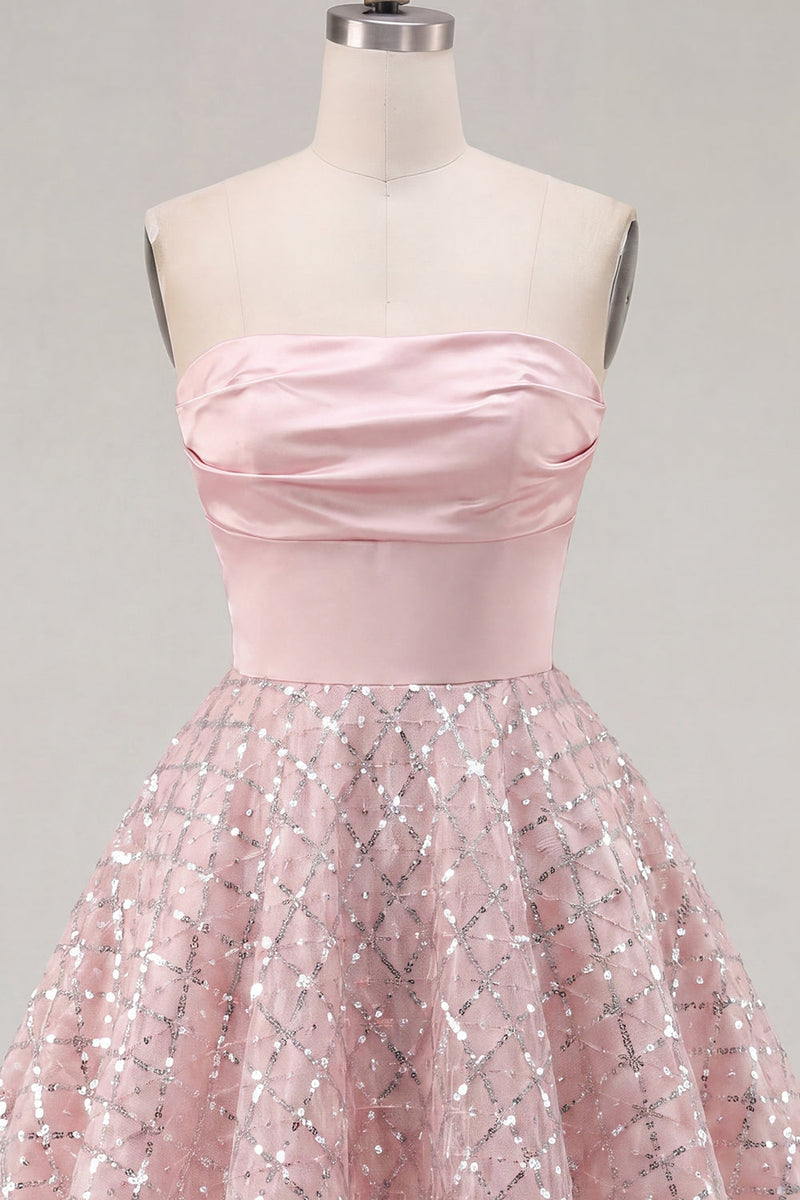 Load image into Gallery viewer, Ruched Strapless Sparkly Short A Line Blush Beaded Prom Dress