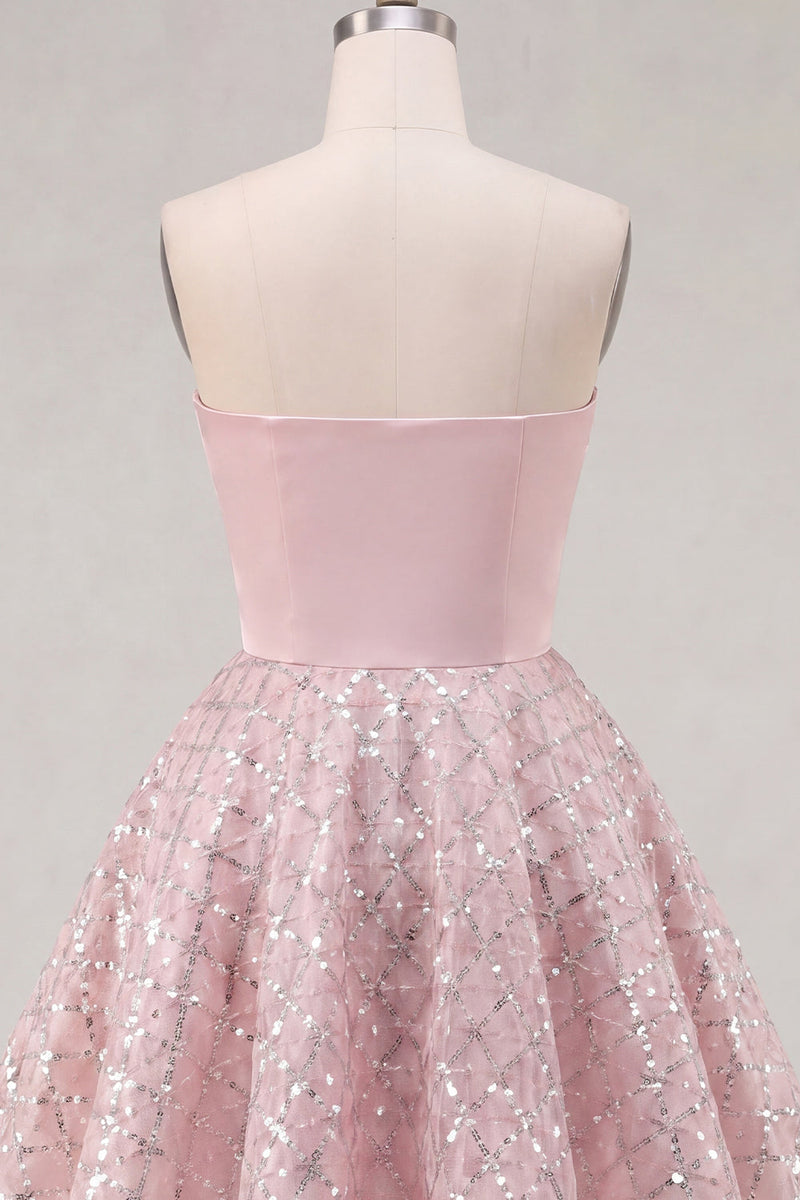 Load image into Gallery viewer, Ruched Strapless Sparkly Short A Line Blush Beaded Prom Dress
