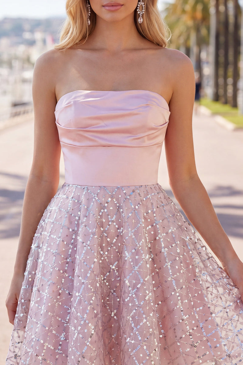Load image into Gallery viewer, Ruched Strapless Sparkly Short A Line Blush Beaded Prom Dress