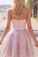 Load image into Gallery viewer, Ruched Strapless Sparkly Short A Line Blush Beaded Prom Dress