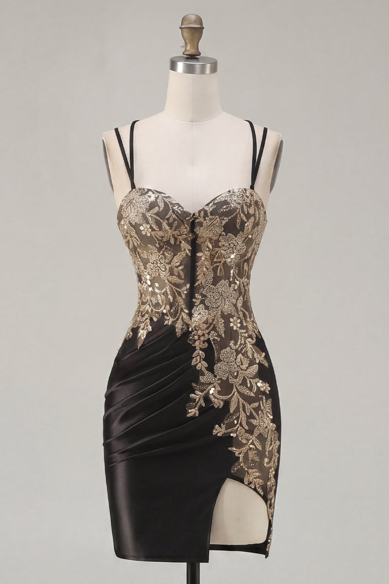 Load image into Gallery viewer, Tight Short Corset Sparkly Dark Green Appliqued Ruched Prom Dress with Slit