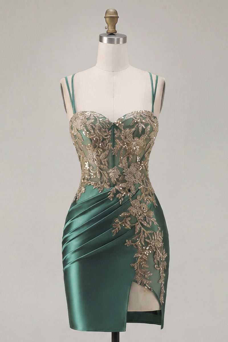 Load image into Gallery viewer, Tight Short Corset Sparkly Dark Green Appliqued Ruched Prom Dress with Slit