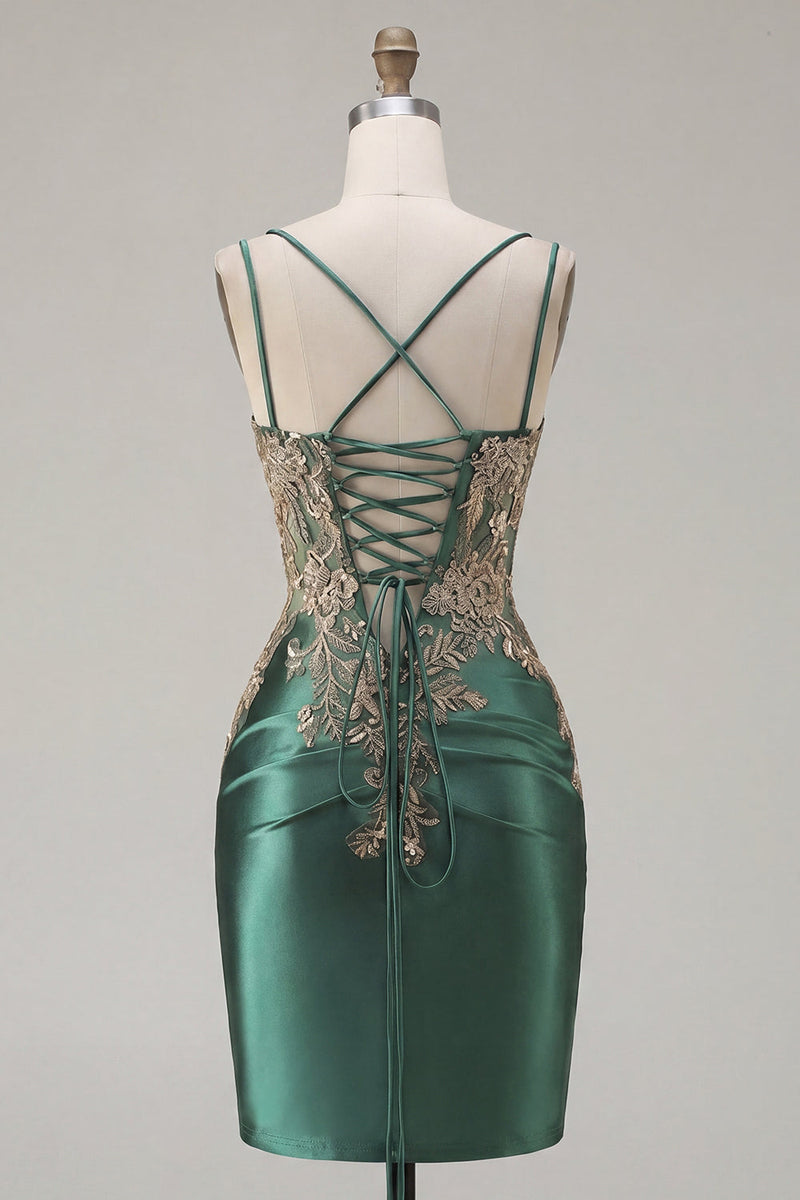 Load image into Gallery viewer, Tight Short Corset Sparkly Dark Green Appliqued Ruched Prom Dress with Slit
