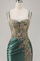 Load image into Gallery viewer, Tight Short Corset Sparkly Dark Green Appliqued Ruched Prom Dress with Slit