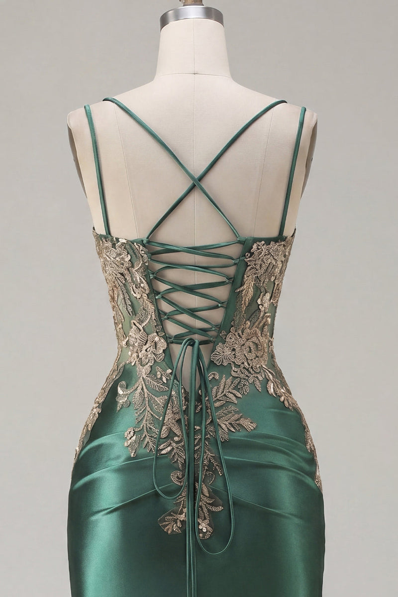 Load image into Gallery viewer, Tight Short Corset Sparkly Dark Green Appliqued Ruched Prom Dress with Slit