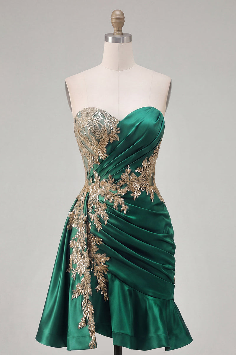 Load image into Gallery viewer, Sparkly Sweetheart Short A Line Dark Green Appliqued Prom Dress with Ruffles