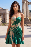 Load image into Gallery viewer, Sparkly Sweetheart Short A Line Dark Green Appliqued Prom Dress with Ruffles