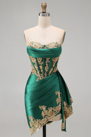 Load image into Gallery viewer, Strapless Corset Ruched Short Sparkly Appliqued Dark Green Prom Dress with Ruffles