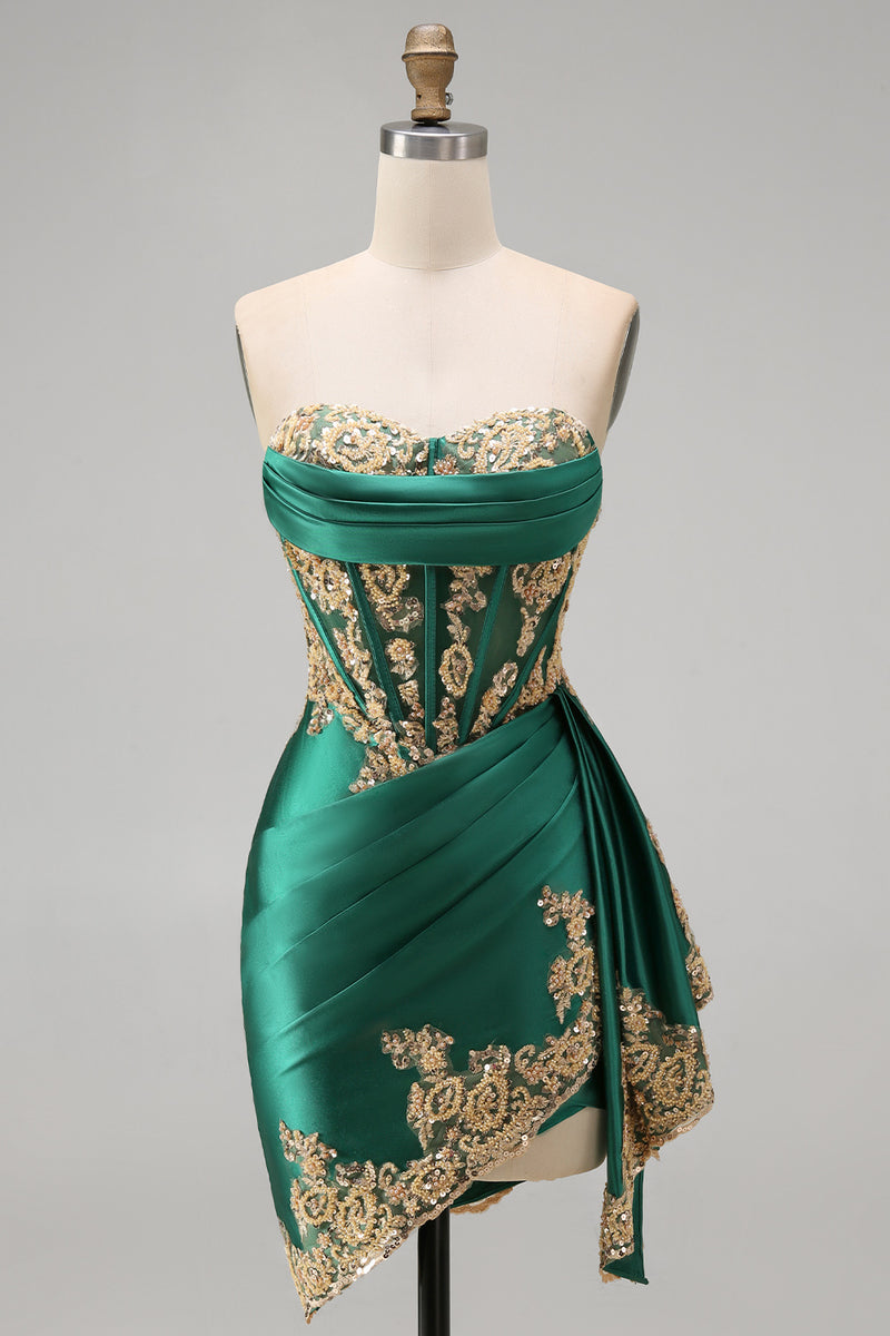 Load image into Gallery viewer, Strapless Corset Ruched Short Sparkly Appliqued Dark Green Prom Dress with Ruffles