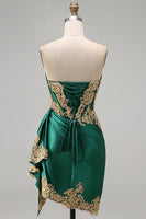 Load image into Gallery viewer, Strapless Corset Ruched Short Sparkly Appliqued Dark Green Prom Dress with Ruffles