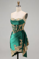 Load image into Gallery viewer, Strapless Corset Ruched Short Sparkly Appliqued Dark Green Prom Dress with Ruffles