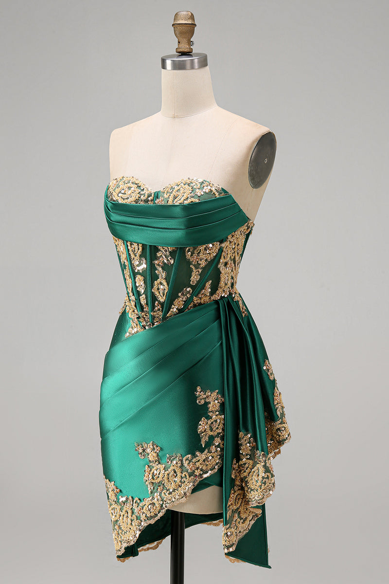 Load image into Gallery viewer, Strapless Corset Ruched Short Sparkly Appliqued Dark Green Prom Dress with Ruffles