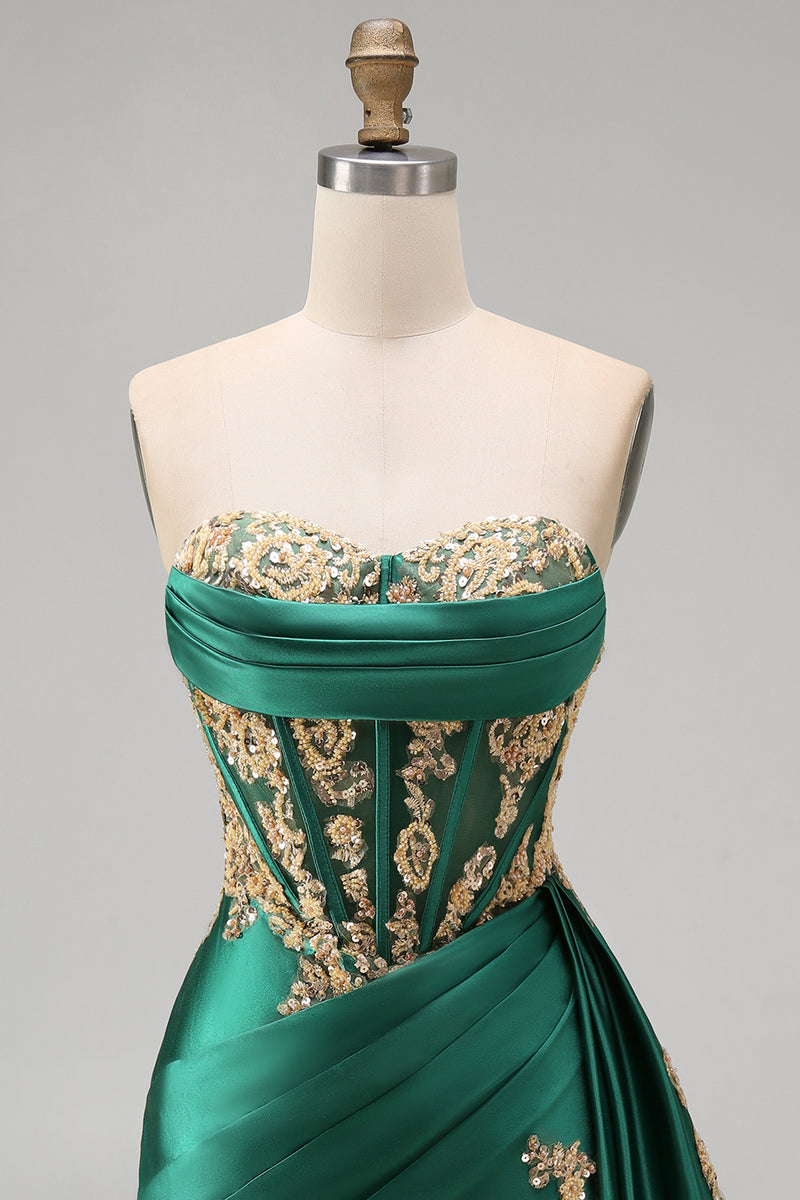 Load image into Gallery viewer, Strapless Corset Ruched Short Sparkly Appliqued Dark Green Prom Dress with Ruffles