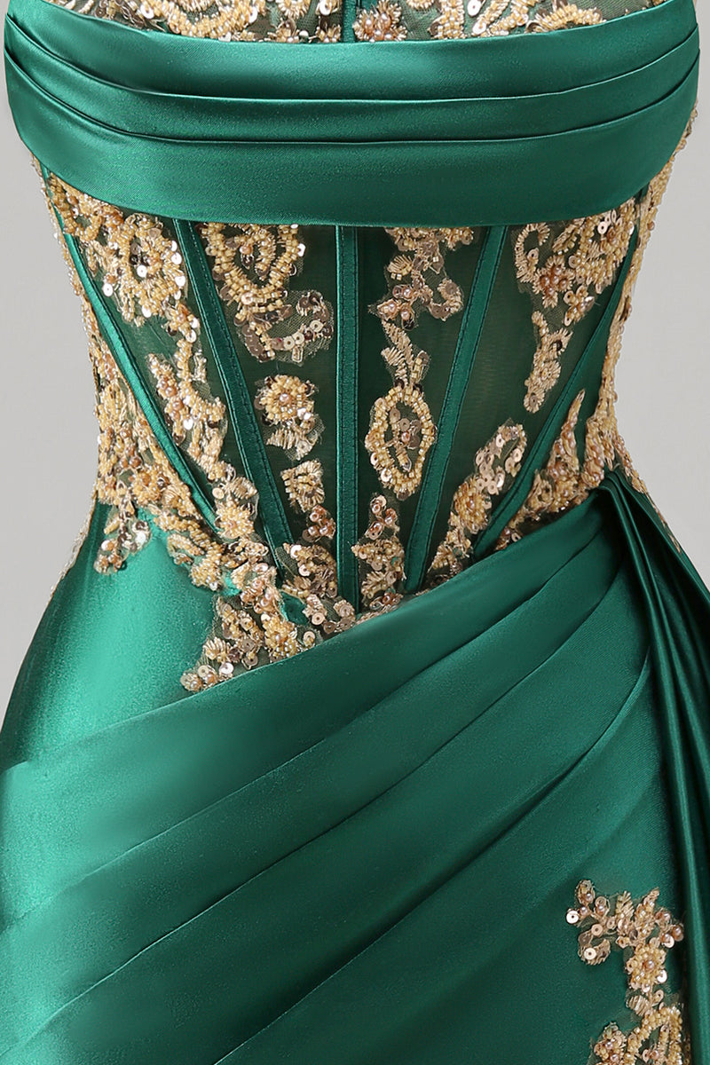 Load image into Gallery viewer, Strapless Corset Ruched Short Sparkly Appliqued Dark Green Prom Dress with Ruffles
