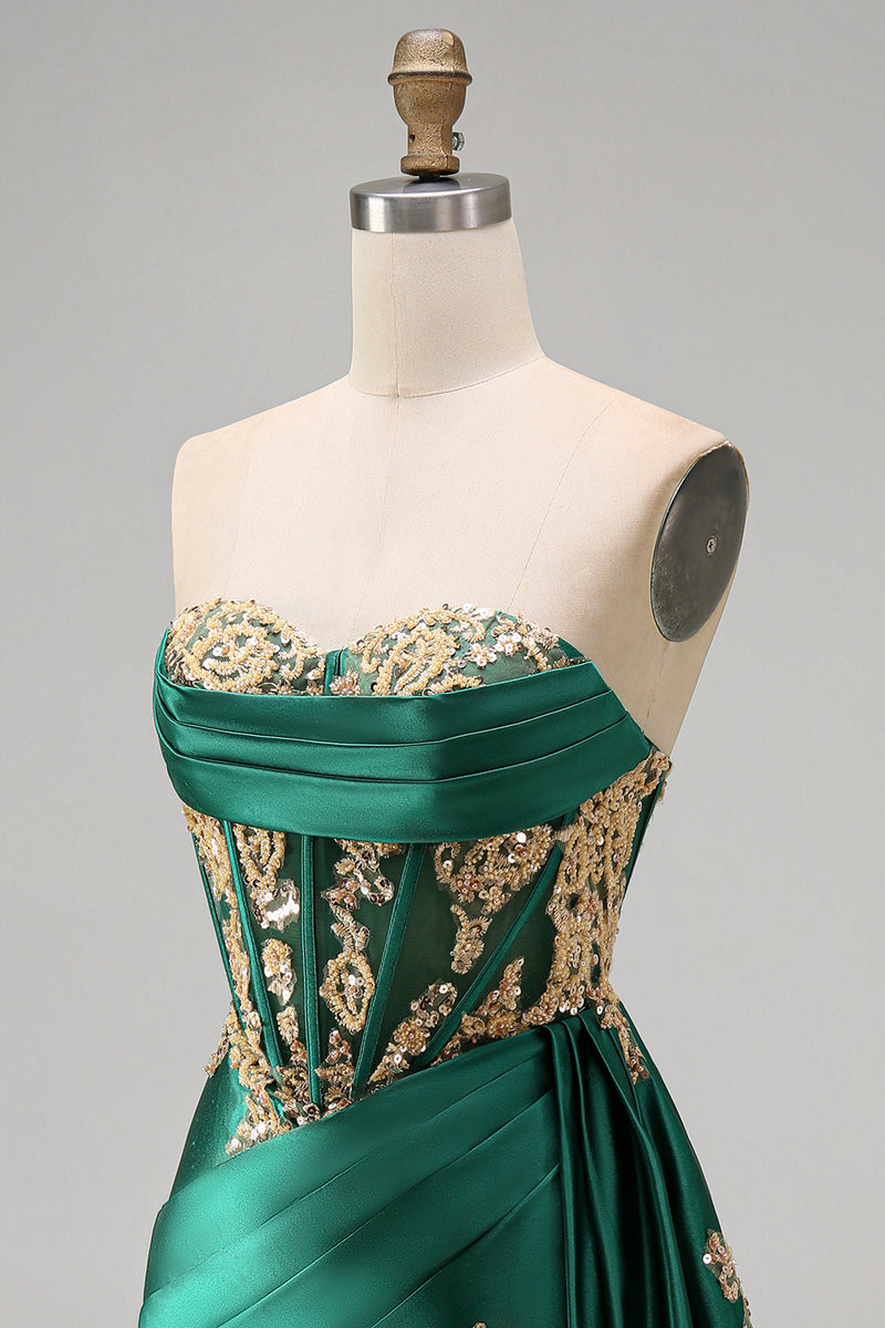 Load image into Gallery viewer, Strapless Corset Ruched Short Sparkly Appliqued Dark Green Prom Dress with Ruffles