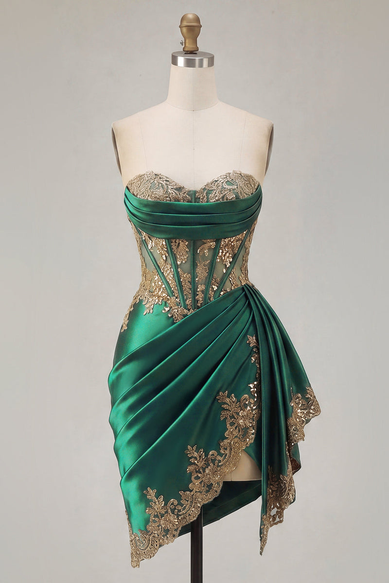 Load image into Gallery viewer, Strapless Corset Ruched Short Sparkly Appliqued Dark Green Prom Dress with Ruffles