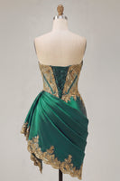 Load image into Gallery viewer, Strapless Corset Ruched Short Sparkly Appliqued Dark Green Prom Dress with Ruffles