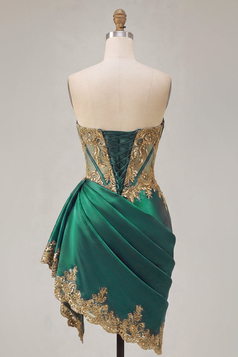 Load image into Gallery viewer, Strapless Corset Ruched Short Sparkly Appliqued Dark Green Prom Dress with Ruffles