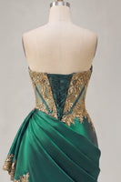 Load image into Gallery viewer, Strapless Corset Ruched Short Sparkly Appliqued Dark Green Prom Dress with Ruffles