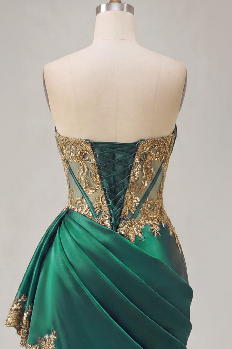 Load image into Gallery viewer, Strapless Corset Ruched Short Sparkly Appliqued Dark Green Prom Dress with Ruffles