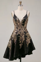 Load image into Gallery viewer, Sparkly V-Neck Asymmetrical A Line Black Sequin Prom Dress