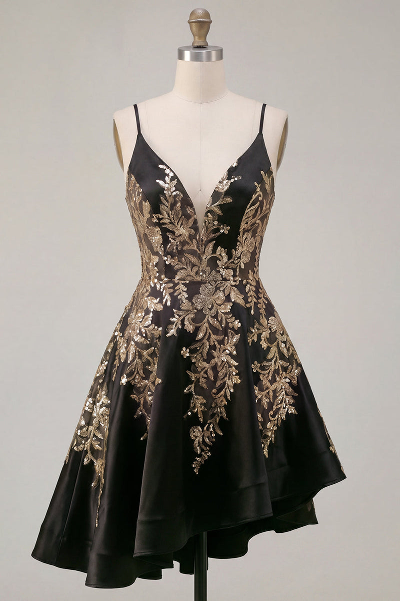 Load image into Gallery viewer, Sparkly V-Neck Asymmetrical A Line Black Sequin Prom Dress