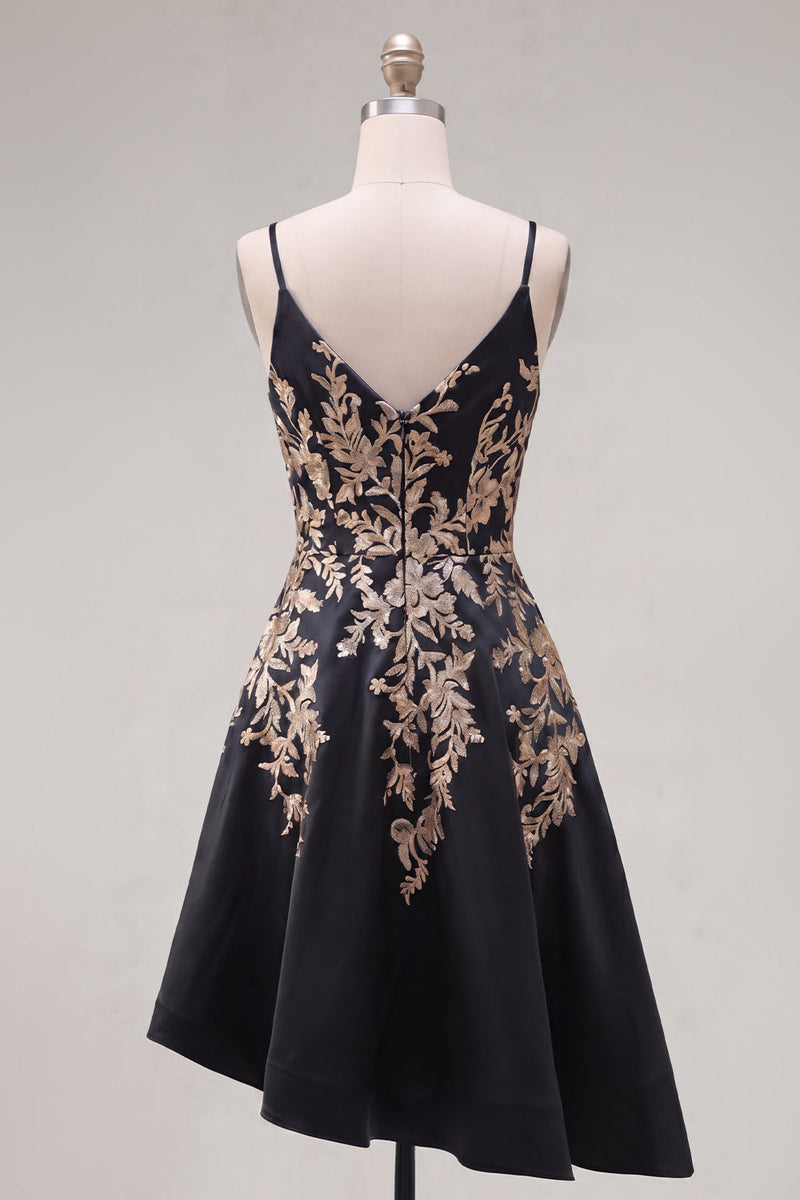 Load image into Gallery viewer, Sparkly V-Neck Asymmetrical A Line Black Sequin Prom Dress