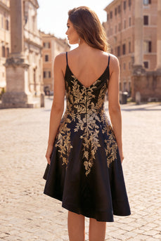 Sparkly V-Neck Asymmetrical A Line Black Sequin Prom Dress