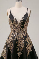 Load image into Gallery viewer, Sparkly V-Neck Asymmetrical A Line Black Sequin Prom Dress