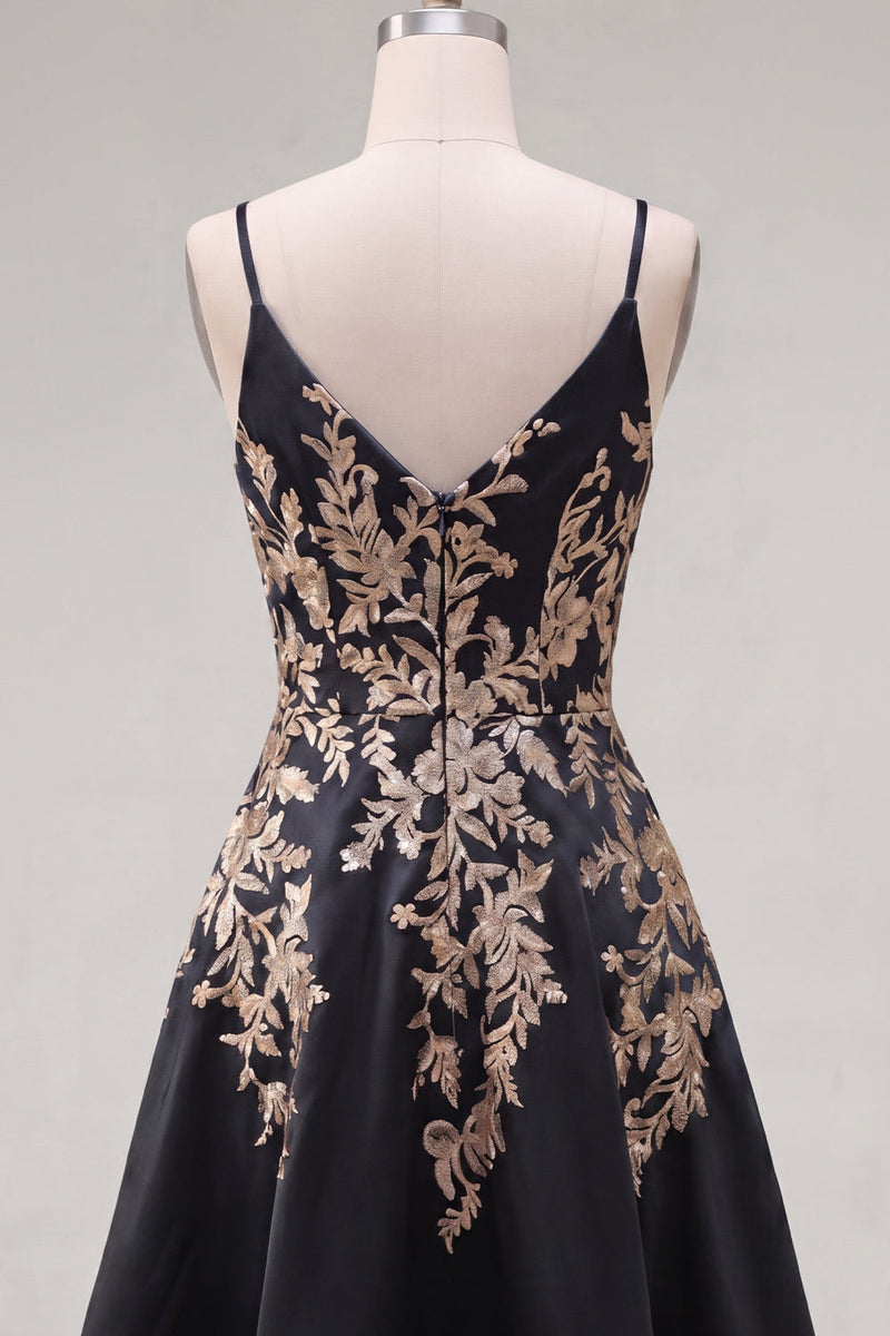 Load image into Gallery viewer, Sparkly V-Neck Asymmetrical A Line Black Sequin Prom Dress