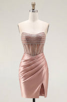 Load image into Gallery viewer, Sparkly Corset Tight Short Strapless Blush Ruched Prom Dress with Slit