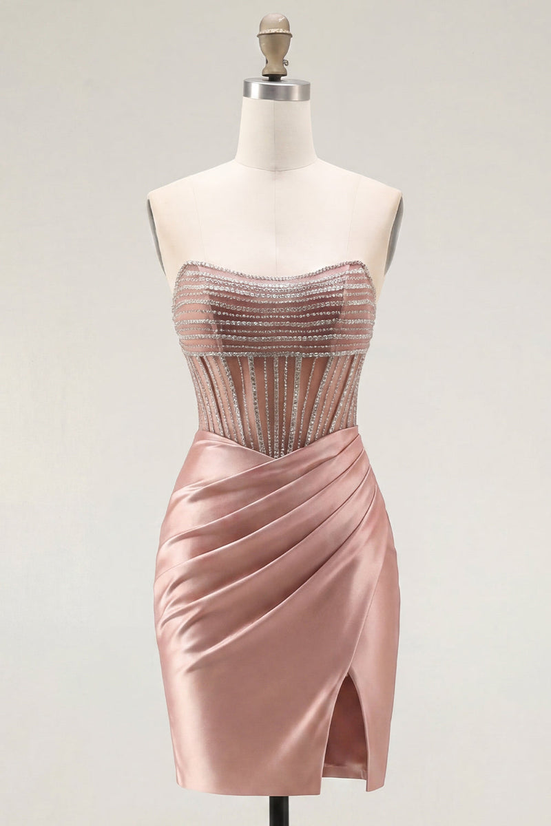 Load image into Gallery viewer, Sparkly Corset Tight Short Strapless Blush Ruched Prom Dress with Slit