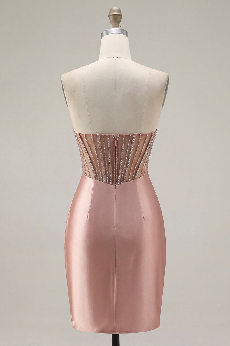 Load image into Gallery viewer, Sparkly Corset Tight Short Strapless Blush Ruched Prom Dress with Slit
