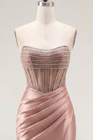 Load image into Gallery viewer, Sparkly Corset Tight Short Strapless Blush Ruched Prom Dress with Slit