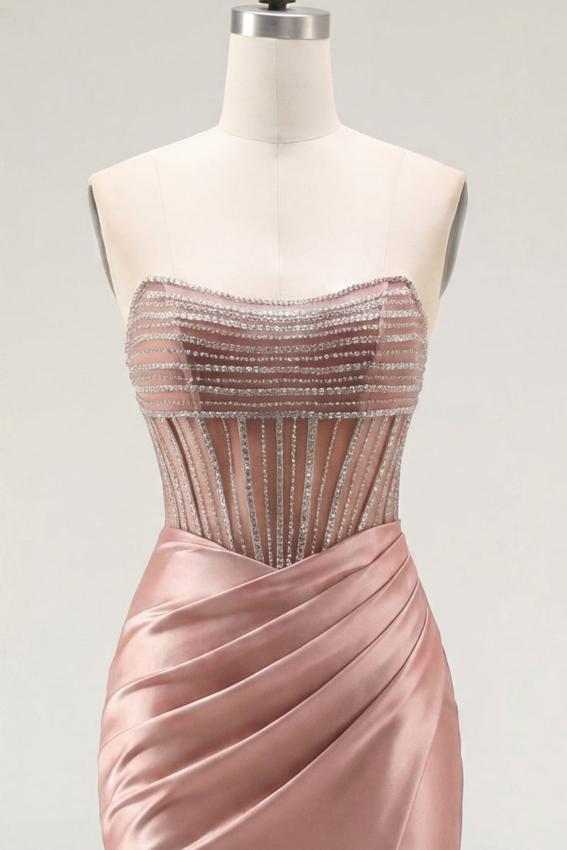 Load image into Gallery viewer, Sparkly Corset Tight Short Strapless Blush Ruched Prom Dress with Slit