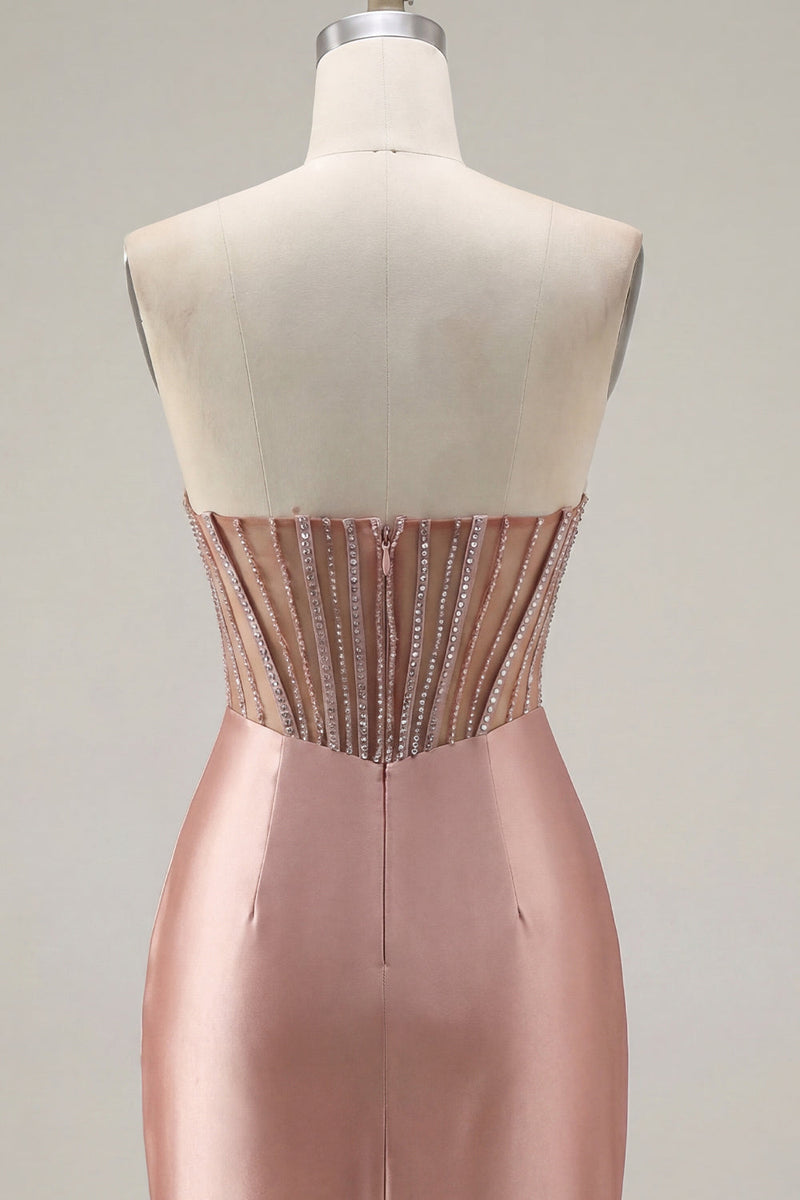 Load image into Gallery viewer, Sparkly Corset Tight Short Strapless Blush Ruched Prom Dress with Slit