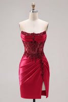 Load image into Gallery viewer, Sparkly Burgundy Tight Corset Short Ruched Beaded Prom Dress with Slit