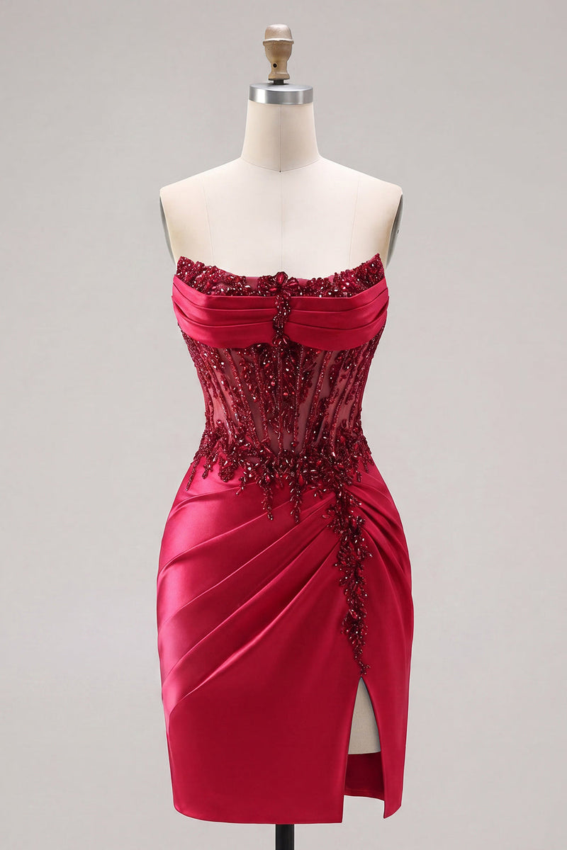 Load image into Gallery viewer, Sparkly Burgundy Tight Corset Short Ruched Beaded Prom Dress with Slit