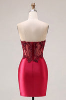 Load image into Gallery viewer, Sparkly Burgundy Tight Corset Short Ruched Beaded Prom Dress with Slit
