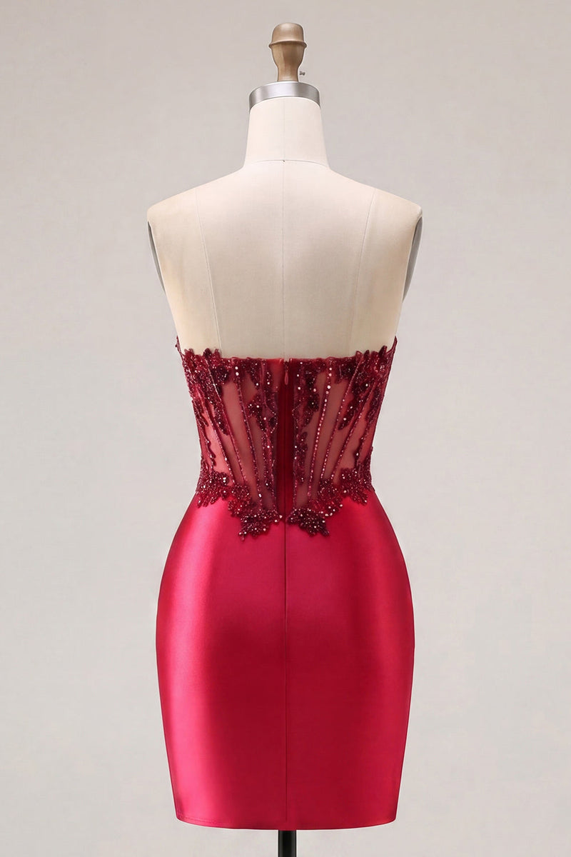 Load image into Gallery viewer, Sparkly Burgundy Tight Corset Short Ruched Beaded Prom Dress with Slit