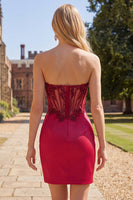 Load image into Gallery viewer, Sparkly Burgundy Tight Corset Short Ruched Beaded Prom Dress with Slit