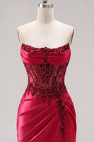 Load image into Gallery viewer, Sparkly Burgundy Tight Corset Short Ruched Beaded Prom Dress with Slit
