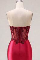 Load image into Gallery viewer, Sparkly Burgundy Tight Corset Short Ruched Beaded Prom Dress with Slit