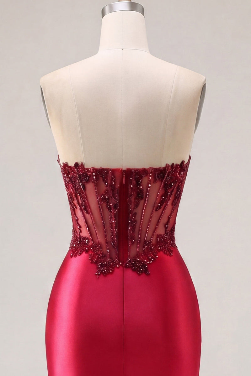 Load image into Gallery viewer, Sparkly Burgundy Tight Corset Short Ruched Beaded Prom Dress with Slit