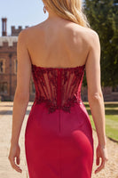 Load image into Gallery viewer, Sparkly Burgundy Tight Corset Short Ruched Beaded Prom Dress with Slit