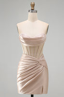 Load image into Gallery viewer, Champagne Corset Strapless Tight Short Ruched Prom Dress with Slit