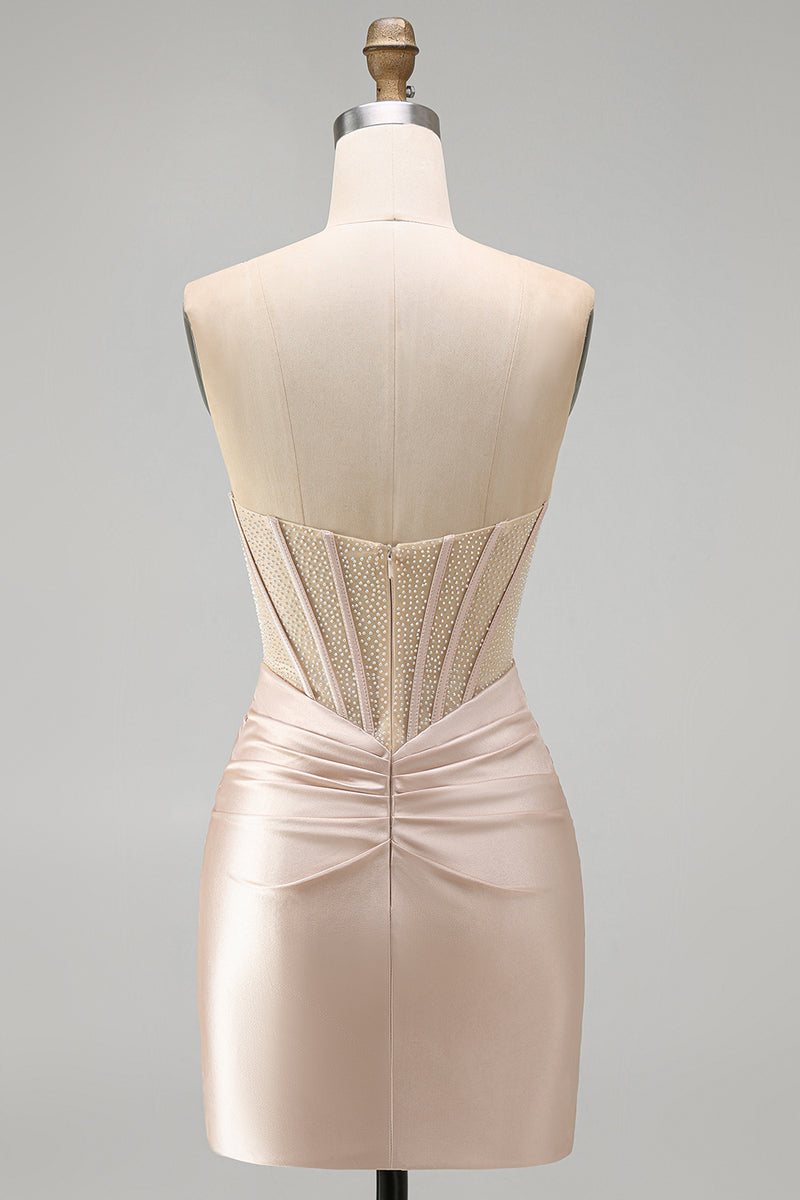 Load image into Gallery viewer, Champagne Corset Strapless Tight Short Ruched Prom Dress with Slit