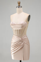 Load image into Gallery viewer, Champagne Corset Strapless Tight Short Ruched Prom Dress with Slit